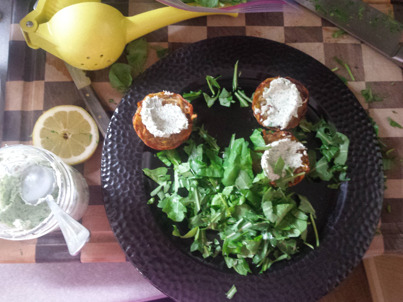 With the herbed cream cheese mix on top.